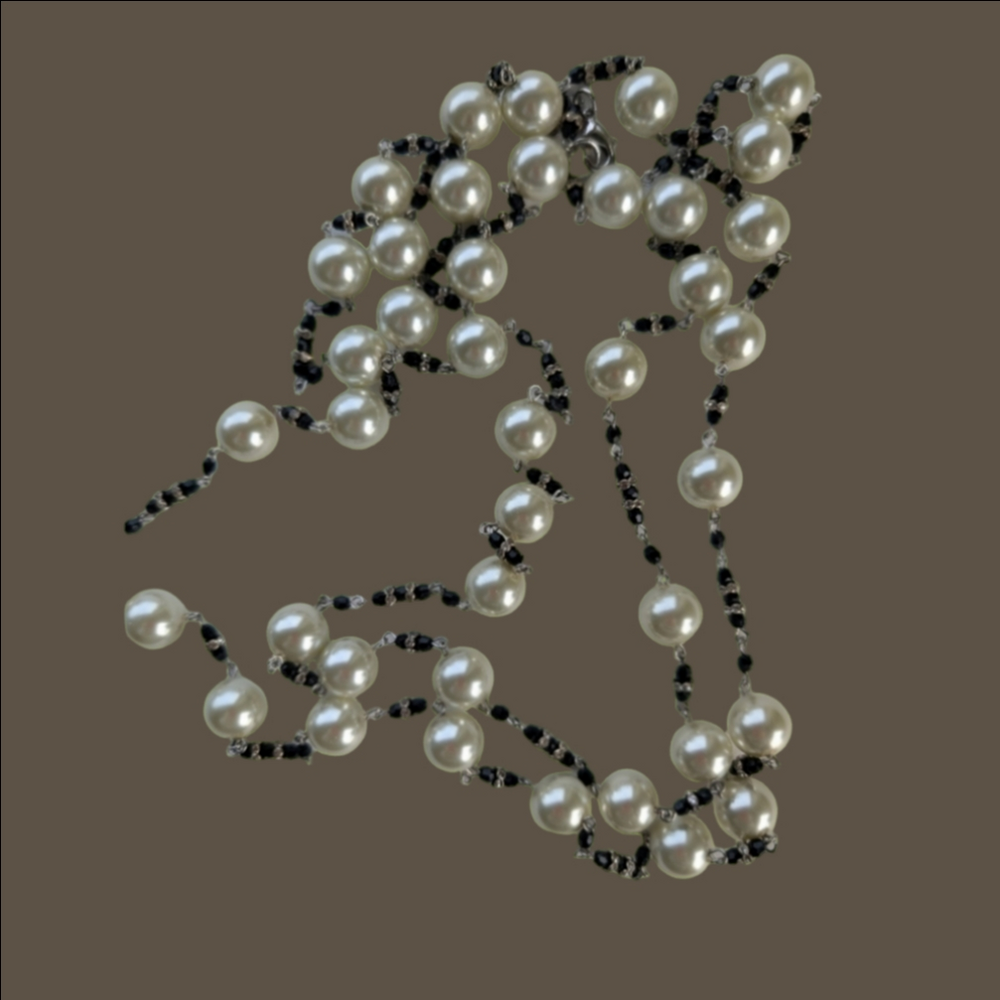 Necklace Faux Pearl Black Beaded Continued 36 Round Or 72  Inches Long.